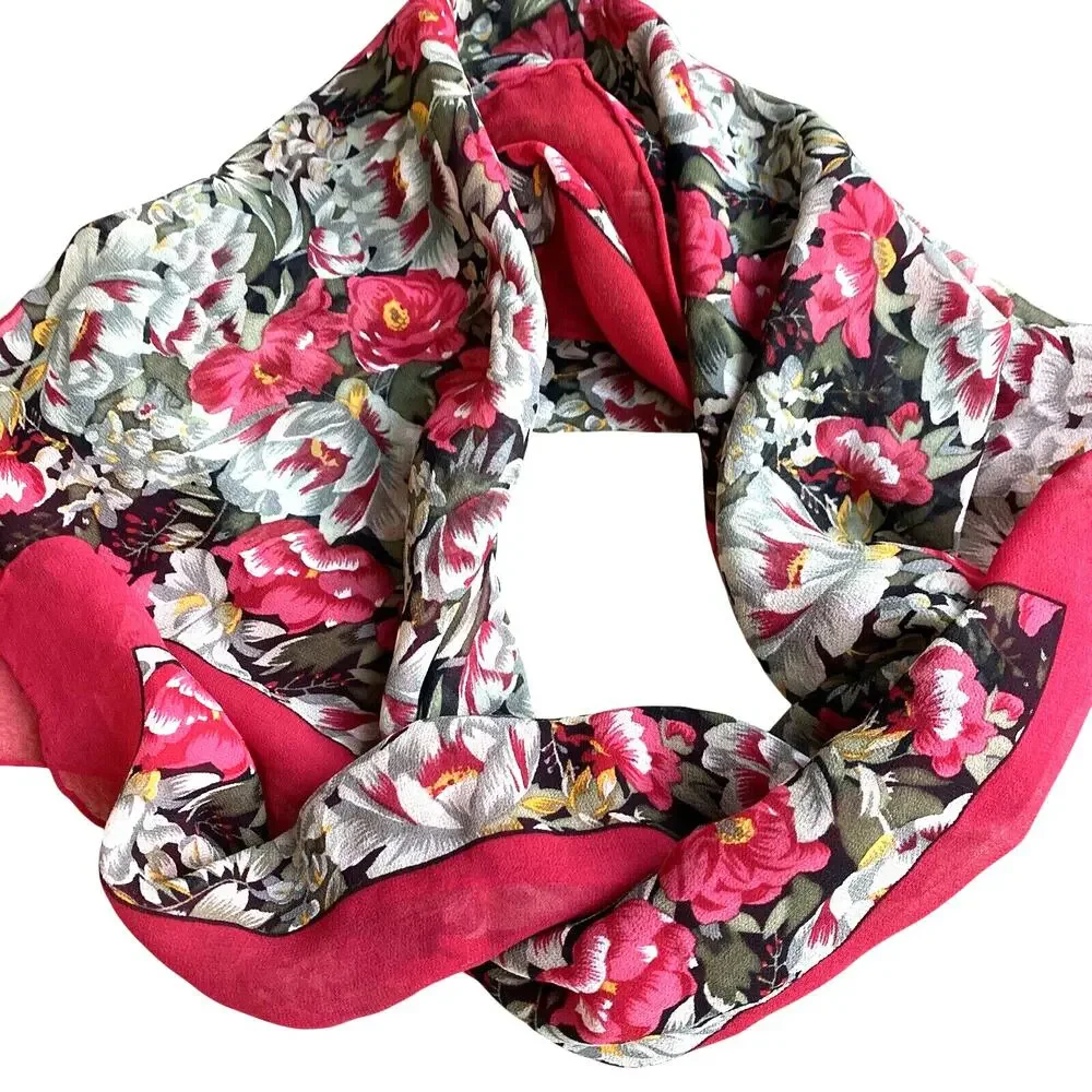 Alcott & Andrews sheer silky crepe scarf red & green floral square cottagecore